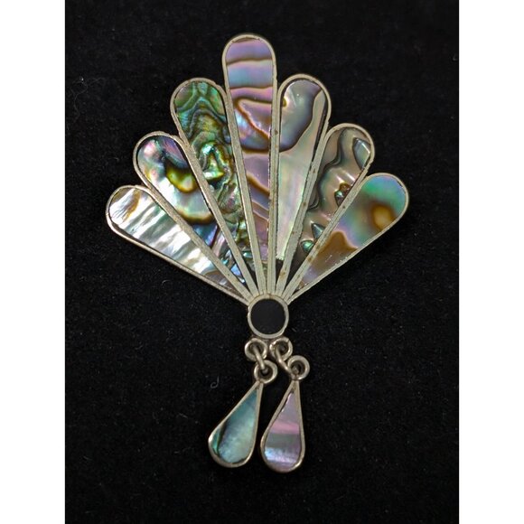 Vintage Alpaca Mexico Abalone Shell Onyx Inlay Fan Charm Brooch Pin Signed - Picture 3 of 9
